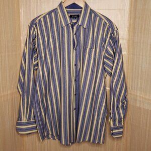 Bogari Mens Blue Yellow Striped Long Sleeve Button Down Shirt XL
